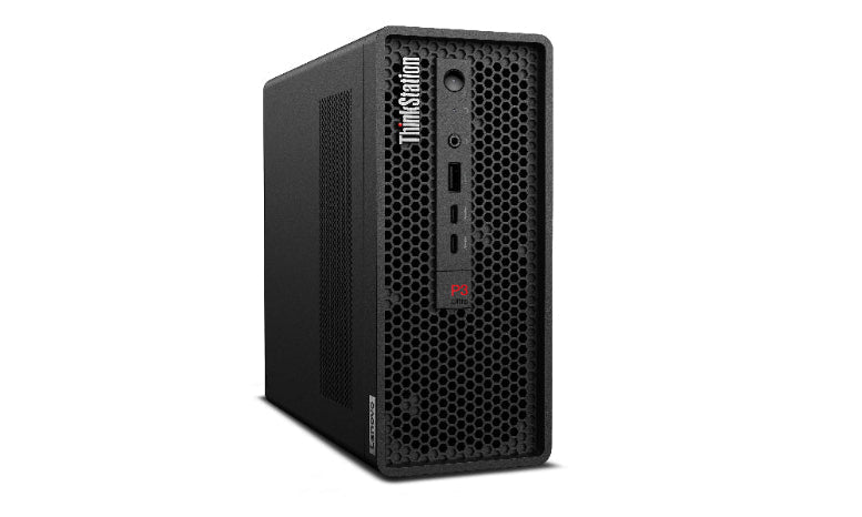 Black computer tower with ThinkStation branding on a white background