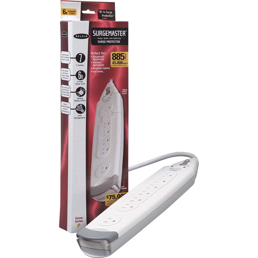 Belkin&reg; SurgeMaster&trade; Home Grade Surge Protector, 7 Outlets, 6-Foot Cord, 885 Joules - Receptacles: 7 x NEMA 5-15R - 885J - F9H700-06 - eCommerce Business Prime