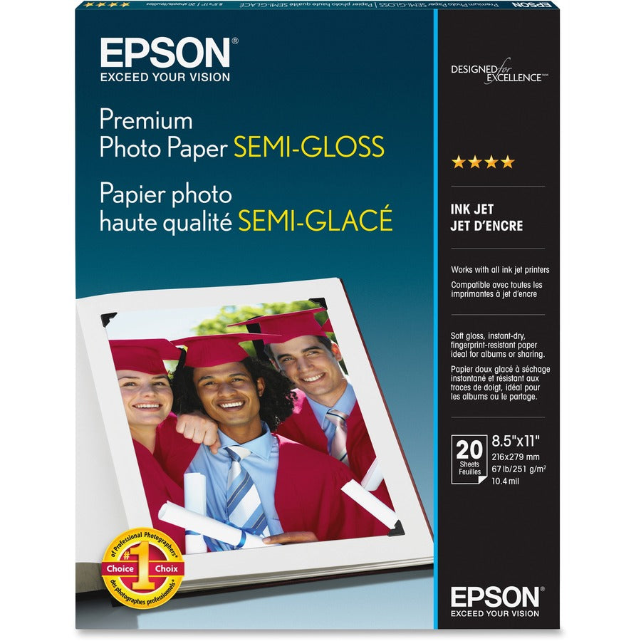 Epson Inkjet Photo Paper - White - 93 Brightness - 97% Opacity - Letter - 8 1/2" x 11" - 68 lb Basis Weight - Semi-gloss - 20 / Pack - eCommerce Business Prime