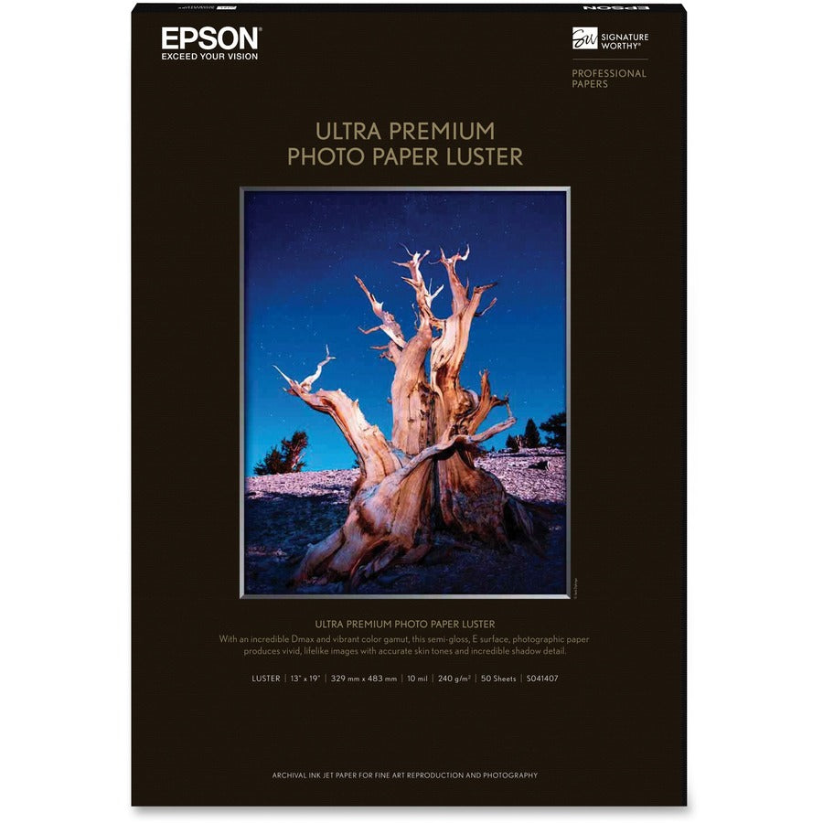 Epson Inkjet Photo Paper - 97 Brightness - 97% Opacity - Super B - 13" x 19" - 64 lb Basis Weight - Luster - 50 / Pack - S041407 - eCommerce Business Prime