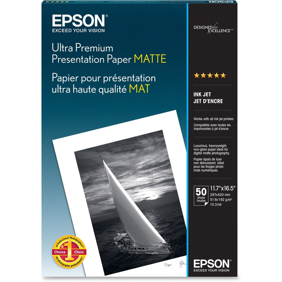 Epson Inkjet Photo Paper - White - 104 Brightness - 94% Opacity - A3 - 11 45/64" x 16 1/2" - Matte - 50 / Pack - eCommerce Business Prime