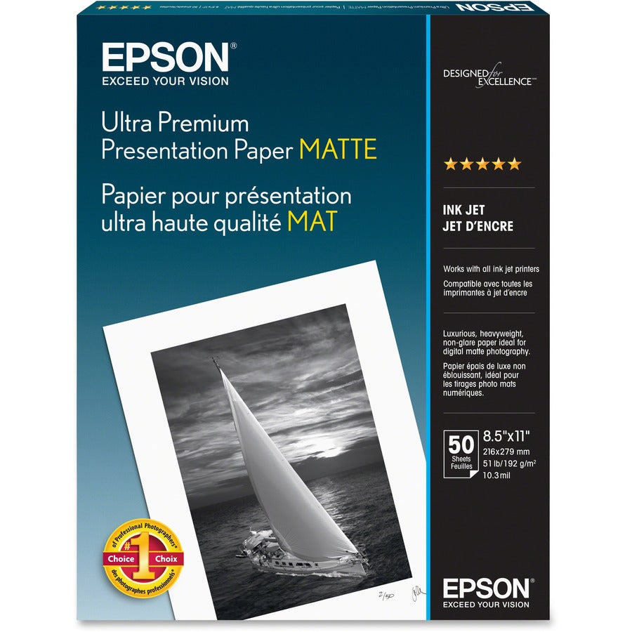 Epson Inkjet Photo Paper - White - 104 Brightness - 94% Opacity - Letter - 8 1/2" x 11" - 49 lb Basis Weight - Matte - 50 / Pack - eCommerce Business Prime