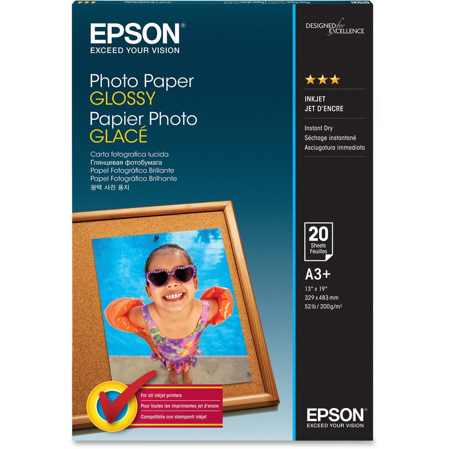 Epson Inkjet Photo Paper - White - 89 Brightness - 96% Opacity - Super B - 13" x 19" - 52 lb Basis Weight - Soft Gloss - 20 / Pack - S041143 - eCommerce Business Prime