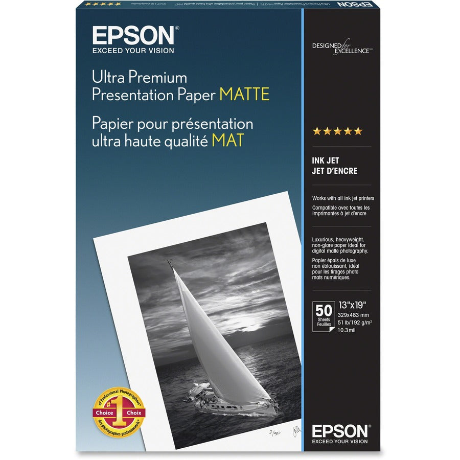 Epson Inkjet Photo Paper - White - 104 Brightness - 94% Opacity - Super B - 13" x 19" - Matte - 50 / Pack - eCommerce Business Prime