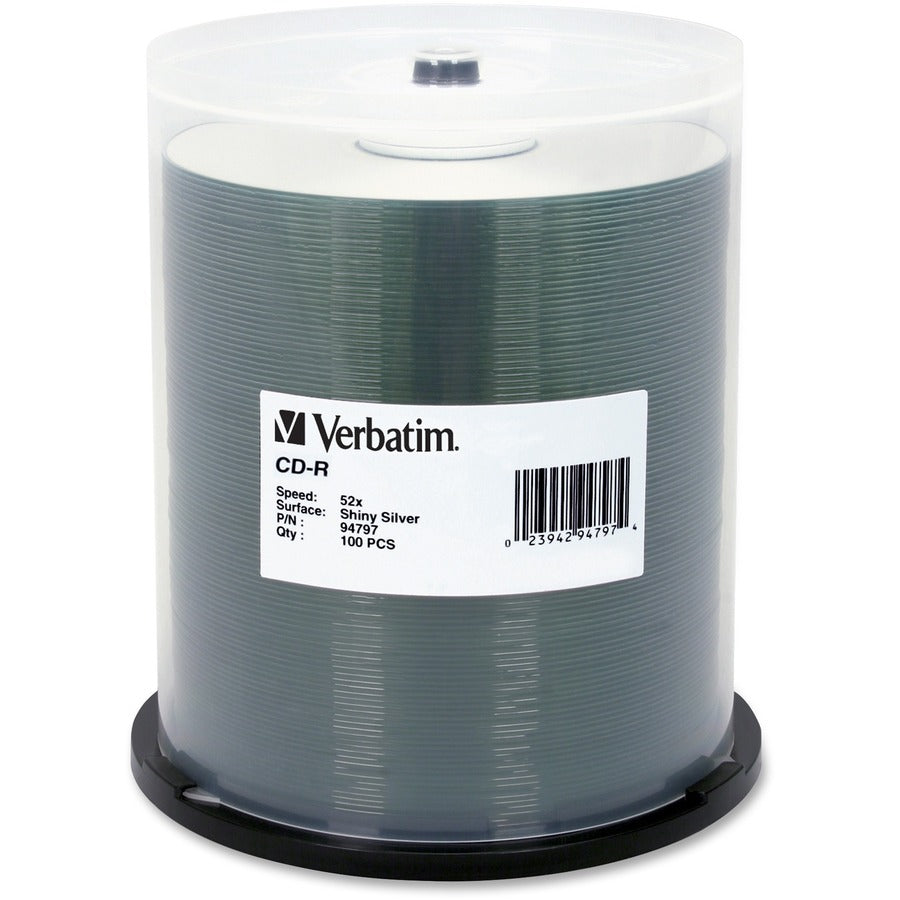 Verbatim CD-R 700MB 52X DataLifePlus Shiny Silver Silk Screen Printable - 100pk Spindle - Printable - Silk-screen Printable - 94797 - eCommerce Business Prime