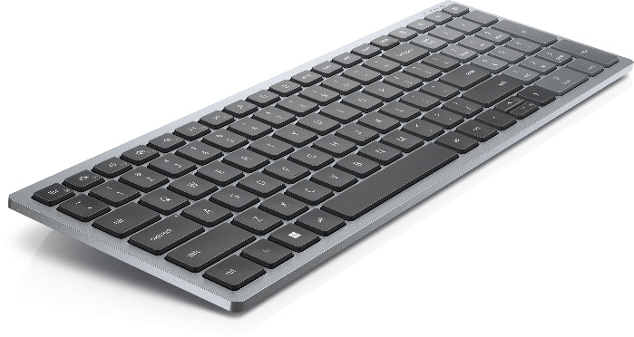 Wireless keyboard with black keys and silver frame on a white background