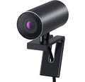 Black webcam with a purple lens on a white background