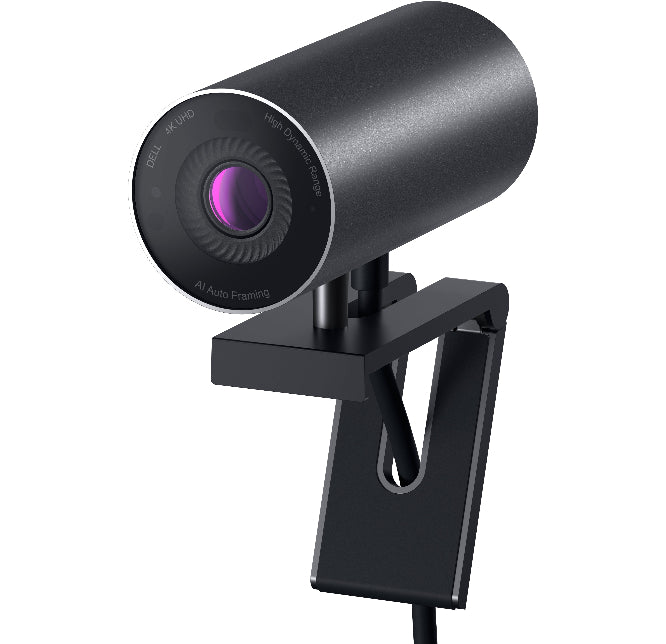 Black webcam with a purple lens on a white background