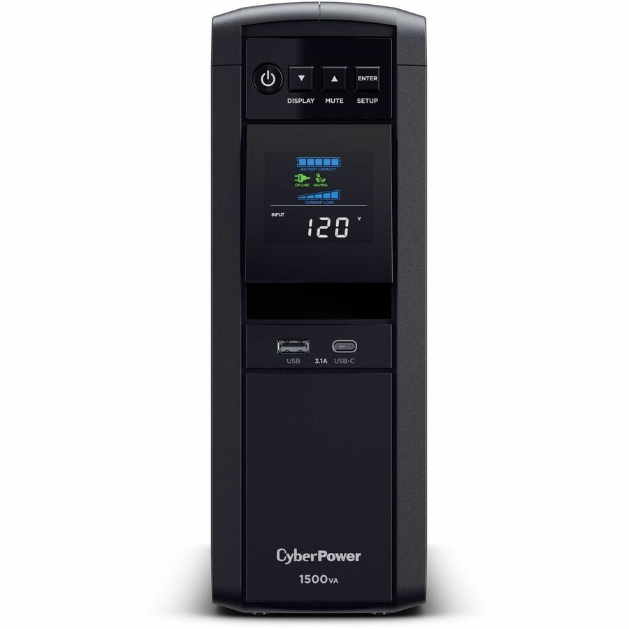 CyberPower CP1500PFCLCD PFC Sinewave UPS Systems - 1500VA/1000W, 120 VAC, NEMA 5-15P, Mini-Tower, Sine Wave, 12 Outlets, LCD, PowerPanel&reg; Business, $500000 CEG, 3YR Warranty - CP1500PFCLCD - eCommerce Business Prime