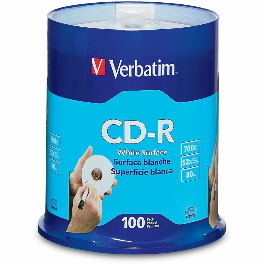Verbatim CD-R 700MB 52X with Blank White Surface - 100pk Spindle - 120mm - Printable - 1.33 Hour Maximum Recording Time - 94712 - eCommerce Business Prime