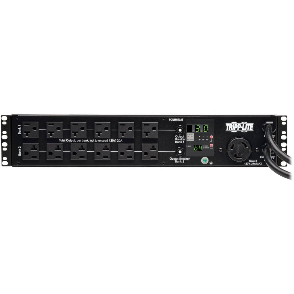 Tripp Lite PDU Metered ATS 120V 30A 24 5-15/20R; 1 L5-30R 2 L5-30P 2URM - 24 x NEMA 5-15/20R, 1 x NEMA L5-30R - 2UHorizontal Rackmount, Wall Mountable - PDUMH30AT - eCommerce Business Prime