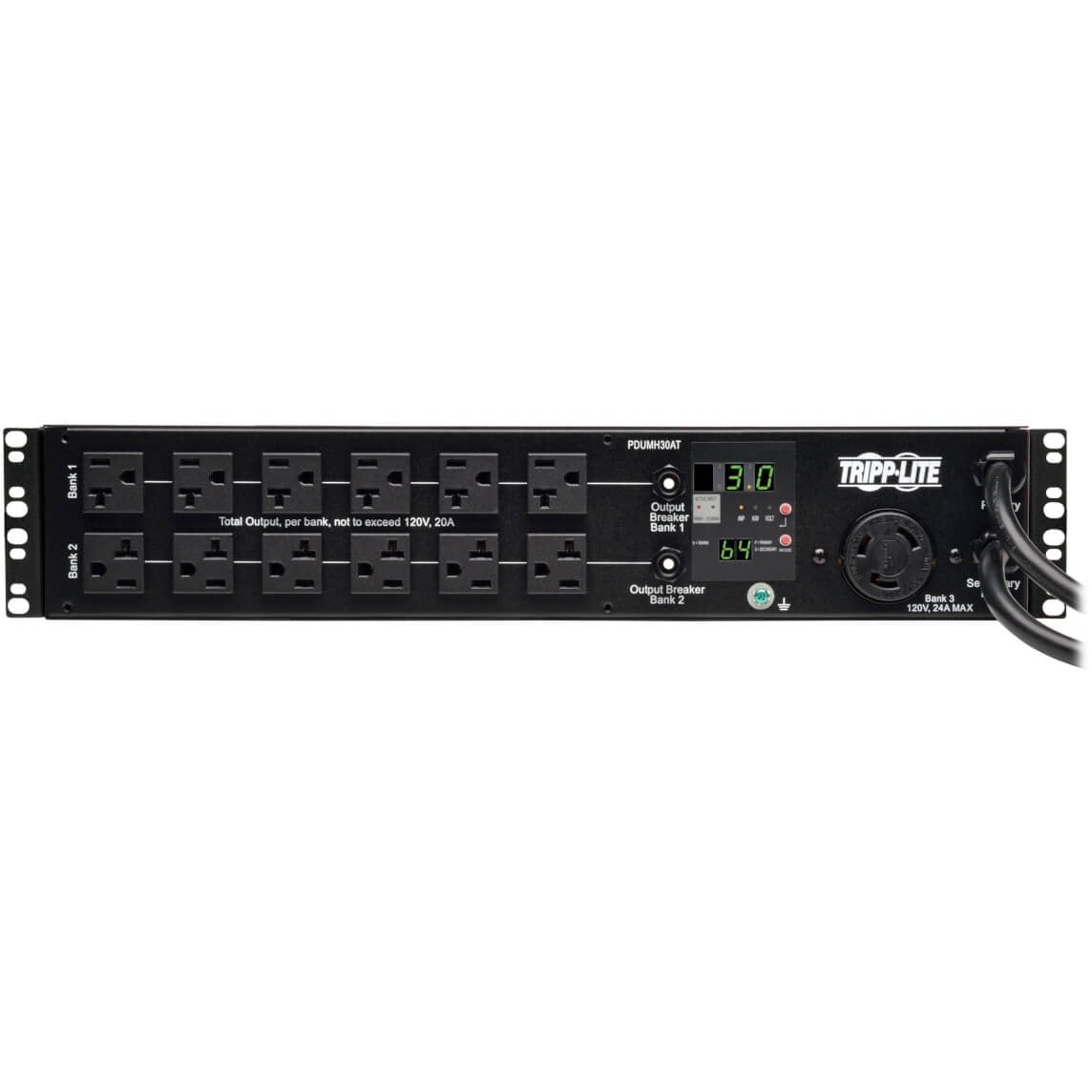 Tripp Lite PDU Metered ATS 120V 30A 24 5-15/20R; 1 L5-30R 2 L5-30P 2URM - 24 x NEMA 5-15/20R, 1 x NEMA L5-30R - 2UHorizontal Rackmount, Wall Mountable - PDUMH30AT - eCommerce Business Prime