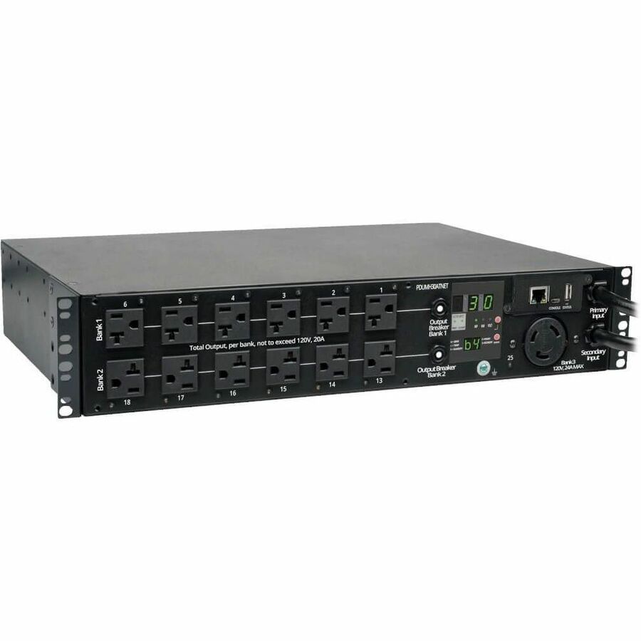 Tripp Lite PDU Switched ATS 120V 30A 24 5-15/20R; 1 L5-30R 2 L5-30P 2URM - 24 x NEMA 5-15/20R, 1 x NEMA L5-30R - 2UHorizontal Rackmount - PDUMH30ATNET - eCommerce Business Prime