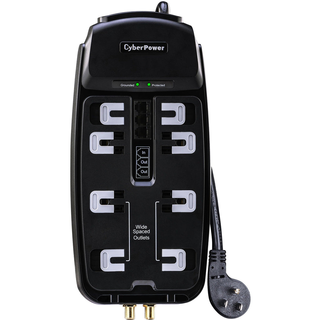 CyberPower CSHT808TC Home Theater 8 - Outlet Surge with 2850 J - Clamping Voltage 800V, 8 ft, NEMA 5-15P, Right Angle - 45&deg; Offset, 15 Amp, EMI/RFI Filtration, Black, RG6 Coaxial Protection, Lifet...  - CSHT808TC - eCommerce Business Prime