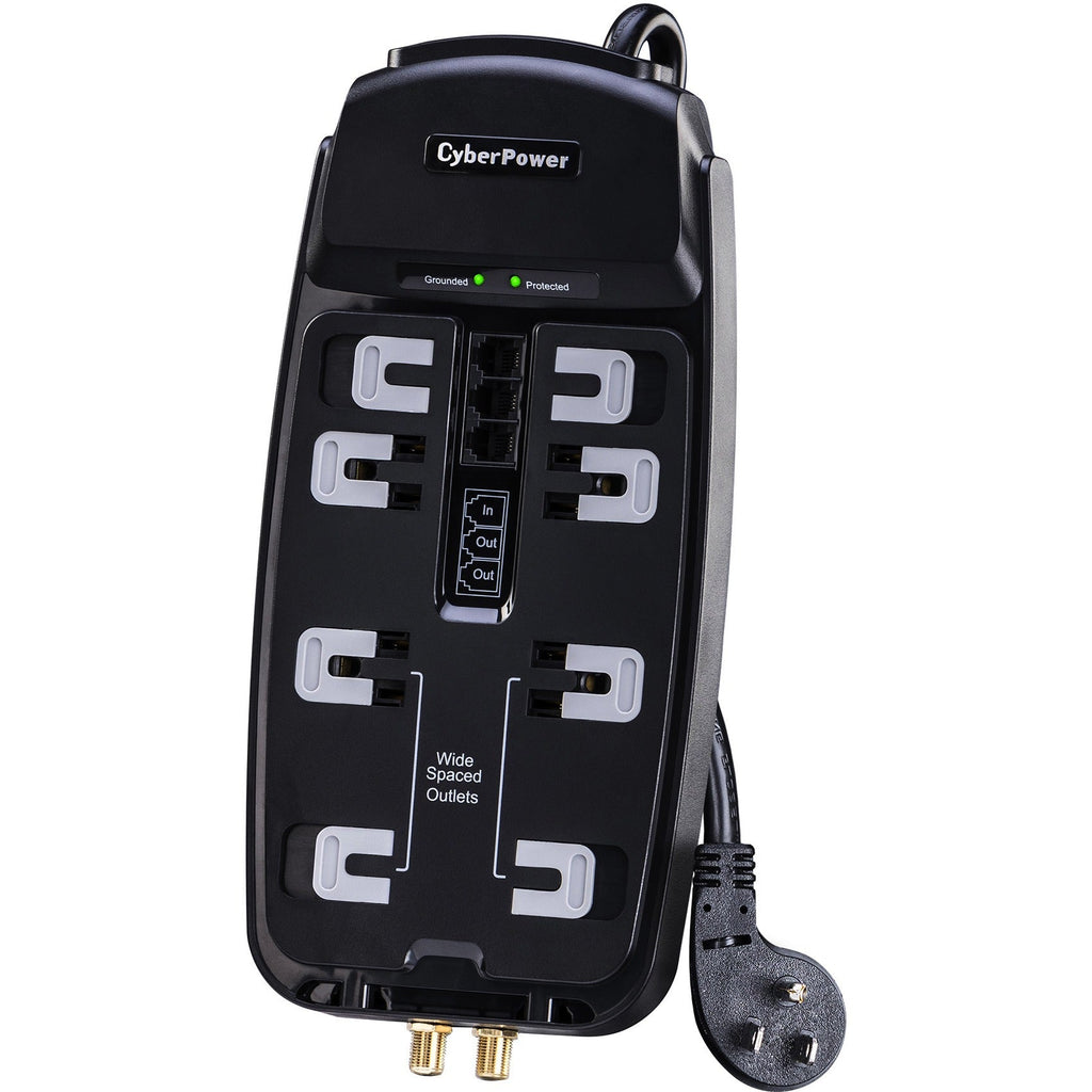 CyberPower CSHT808TC Home Theater 8 - Outlet Surge with 2850 J - Clamping Voltage 800V, 8 ft, NEMA 5-15P, Right Angle - 45&deg; Offset, 15 Amp, EMI/RFI Filtration, Black, RG6 Coaxial Protection, Lifet...  - CSHT808TC - eCommerce Business Prime