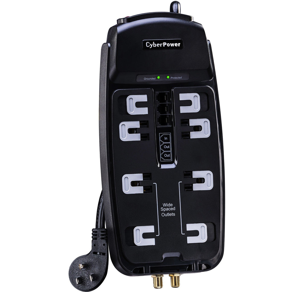 CyberPower CSHT808TC Home Theater 8 - Outlet Surge with 2850 J - Clamping Voltage 800V, 8 ft, NEMA 5-15P, Right Angle - 45&deg; Offset, 15 Amp, EMI/RFI Filtration, Black, RG6 Coaxial Protection, Lifet...  - CSHT808TC - eCommerce Business Prime