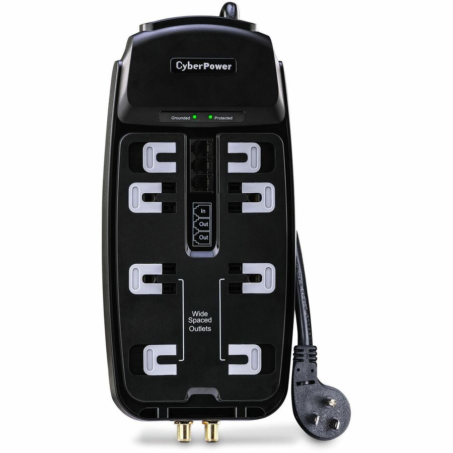 CyberPower CSHT808TC Home Theater 8 - Outlet Surge with 2850 J - Clamping Voltage 800V, 8 ft, NEMA 5-15P, Right Angle - 45&deg; Offset, 15 Amp, EMI/RFI Filtration, Black, RG6 Coaxial Protection, Lifet...  - CSHT808TC - eCommerce Business Prime
