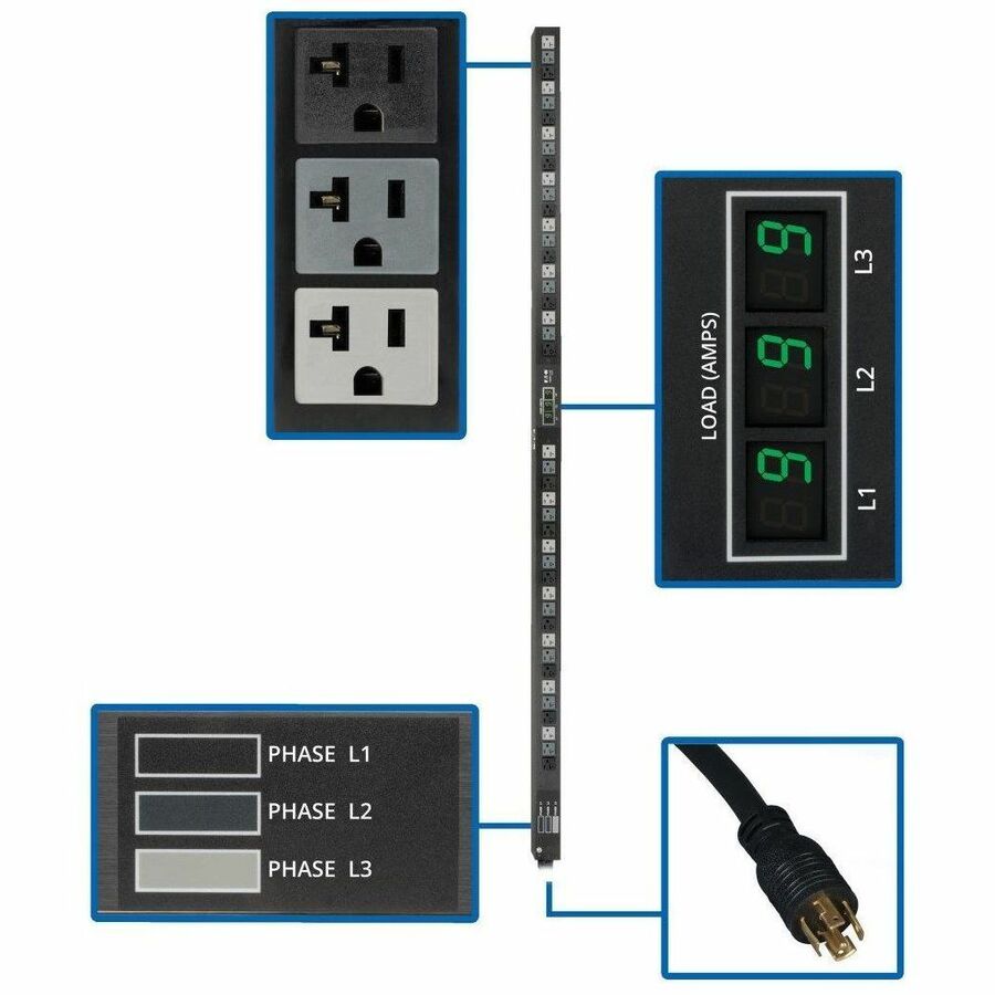 Tripp Lite PDU 3-Phase Metered 120V 5.7 kW 42 5-15/20R L21-20P 0URM - 42 x NEMA 5-15/20R - 5.70 kVA - Vertical Rackmount, Toolless-mount - PDU3MV6L2120LV - eCommerce Business Prime
