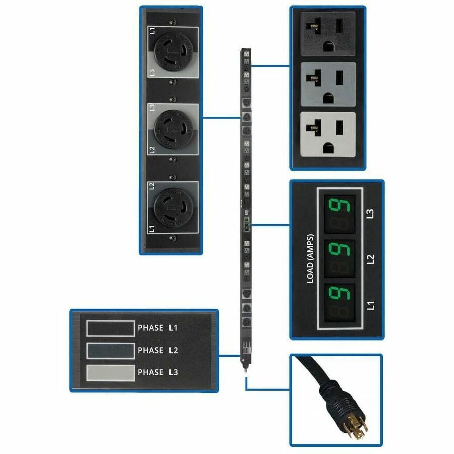 Tripp Lite PDU 3-Phase Metered 208/120V 5.7 kW 21 5-15/20R; 6 L6-20R 0URM - 6 x NEMA L6-20R, 21 x NEMA 5-15/20R - 5.70 kVA - Vertical Rackmount, Toolless-mount - PDU3MV6L2120B - eCommerce Business Prime