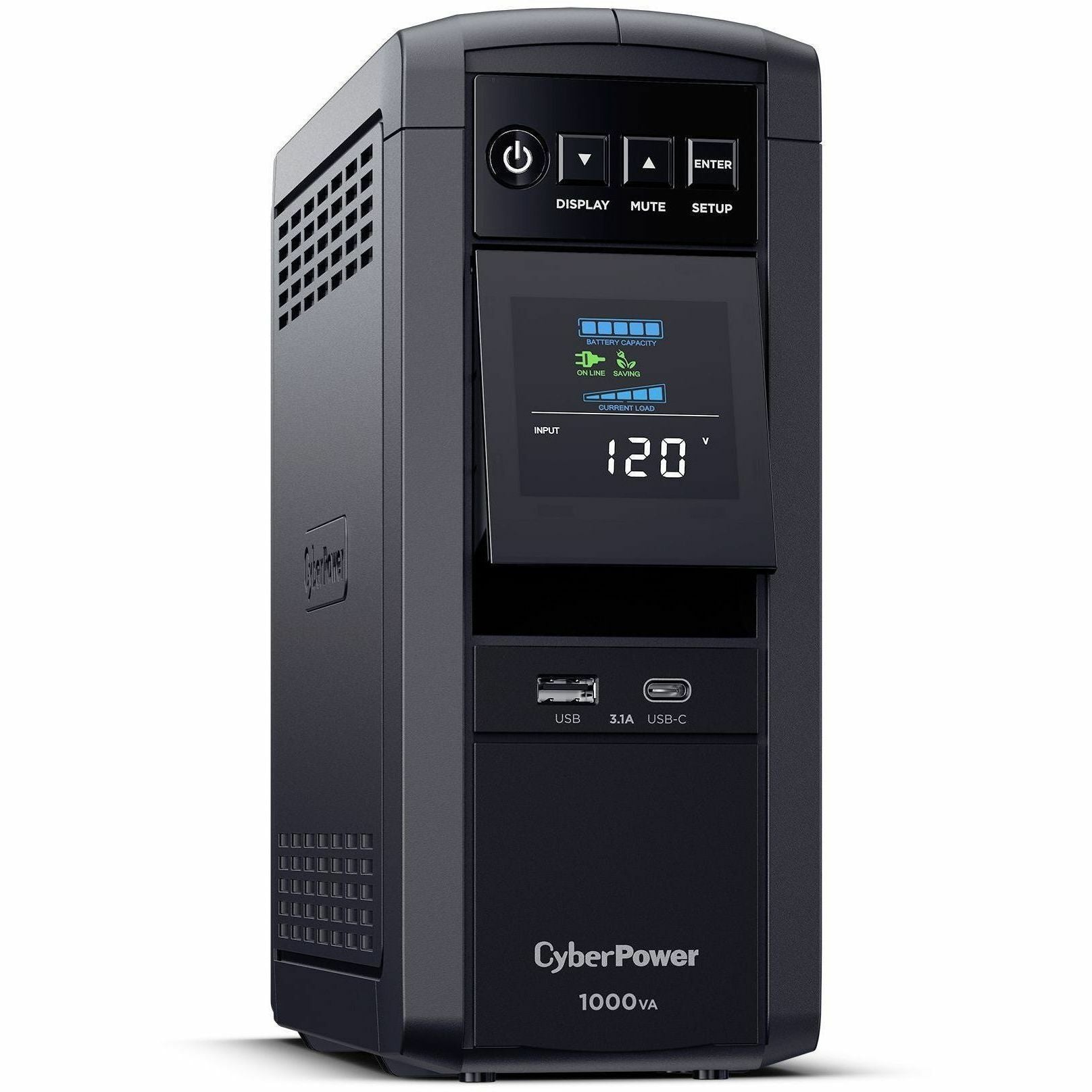 CyberPower CP1000PFCLCDTAA TAA Compliant Intelligent UPS Systems - 1000VA/600W, 120 VAC, NEMA 5-15P, Mini-Tower, Sine Wave, 10 Outlets, LCD, PowerPanel&reg; Personal, $350000 CEG, 3YR Warranty - CP1000PFCLCDTAA