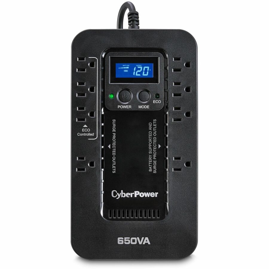 CyberPower EC650LCD Ecologic UPS Systems - 650VA/390W, 120 VAC, NEMA 5-15P, Compact, 8 Outlets, LCD, PowerPanel&reg; Personal, $100000 CEG, 3YR Warranty - EC650LCD - eCommerce Business Prime