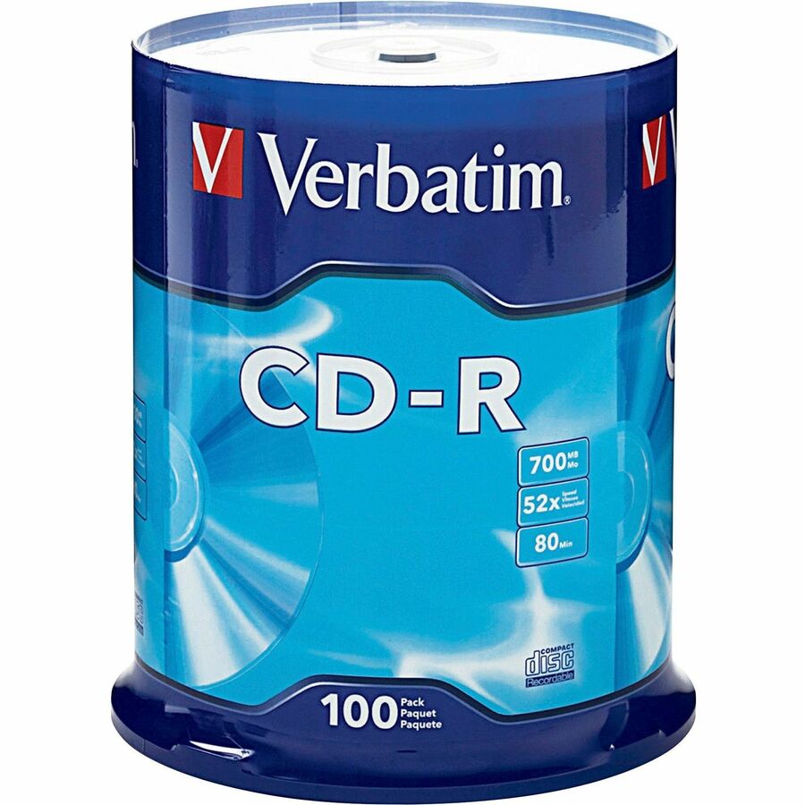 Verbatim CD-R 700MB 52X with Branded Surface - 100pk Spindle - 120mm - 1.33 Hour Maximum Recording Time - 94554 - eCommerce Business Prime