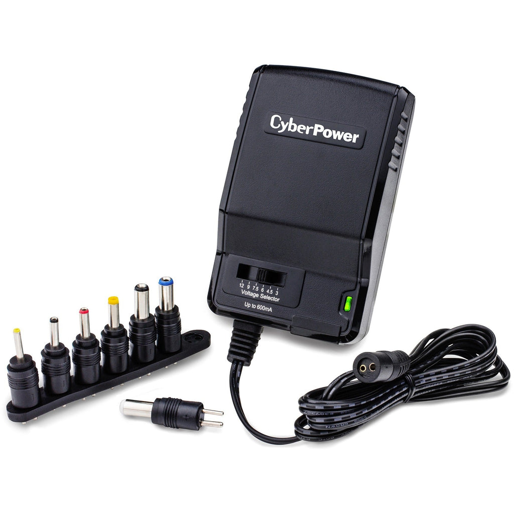 CyberPower CPUAC600 Universal Power Adapter with multiple tips - 600 mA, 3 VDC, 4.5 VDC, 6 VDC, 7.5 VDC, 9 VDC, 12 VDC, 7 Adapter Tips, NEMA 5-15R, 100 VAC - 120 VAC, 5 ft, Black, 1YR Warranty - CPUAC600 - eCommerce Business Prime