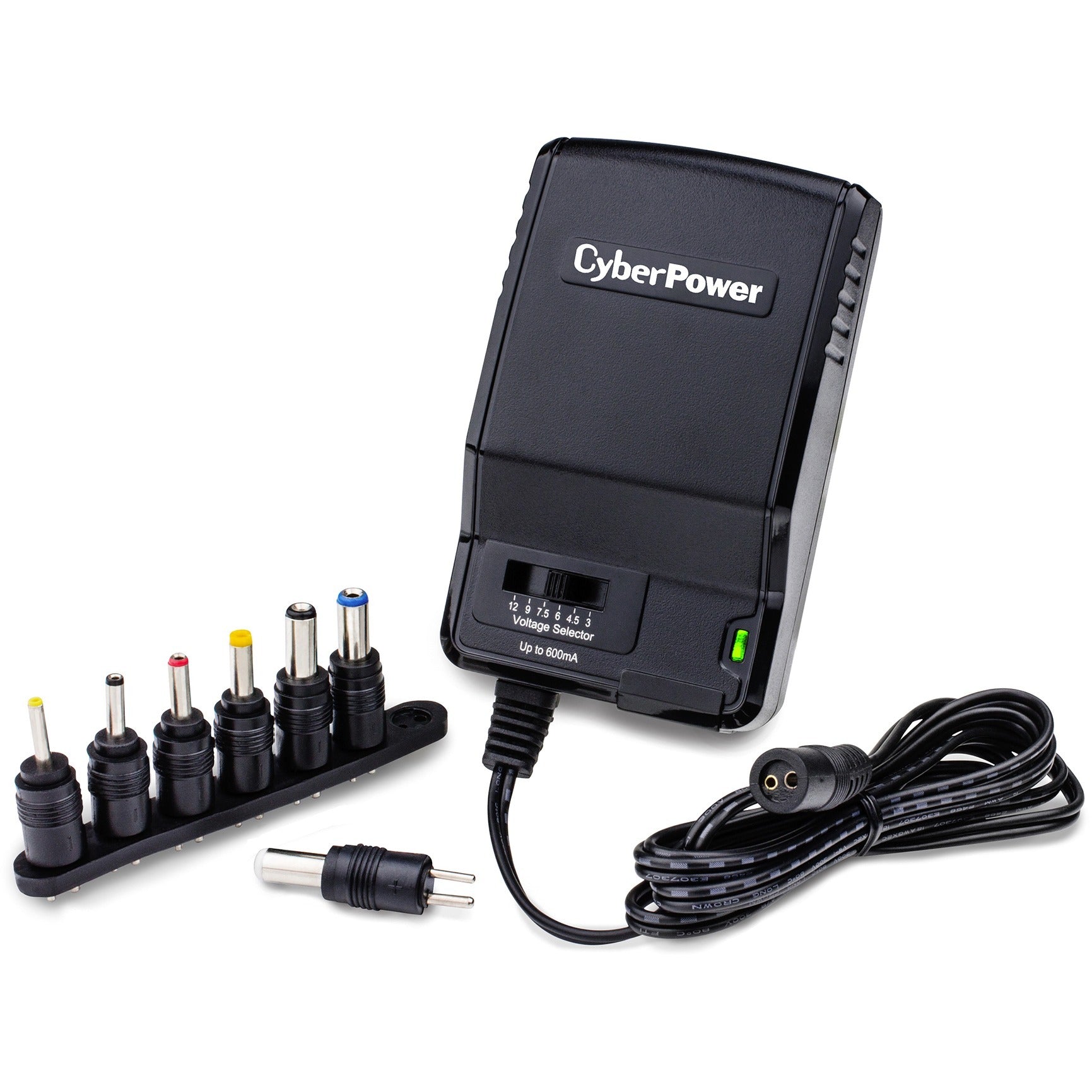 CyberPower CPUAC600 Universal Power Adapter with multiple tips - 600 mA, 3 VDC, 4.5 VDC, 6 VDC, 7.5 VDC, 9 VDC, 12 VDC, 7 Adapter Tips, NEMA 5-15R, 100 VAC - 120 VAC, 5 ft, Black, 1YR Warranty - CPUAC600 - eCommerce Business Prime