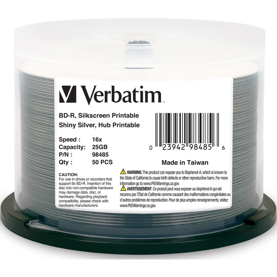 BD-R 25GB 16X Shiny Silver Silk Screen Printable, Hub Printable - 50pk Spindle - 50pk Spindle - 98485 - eCommerce Business Prime