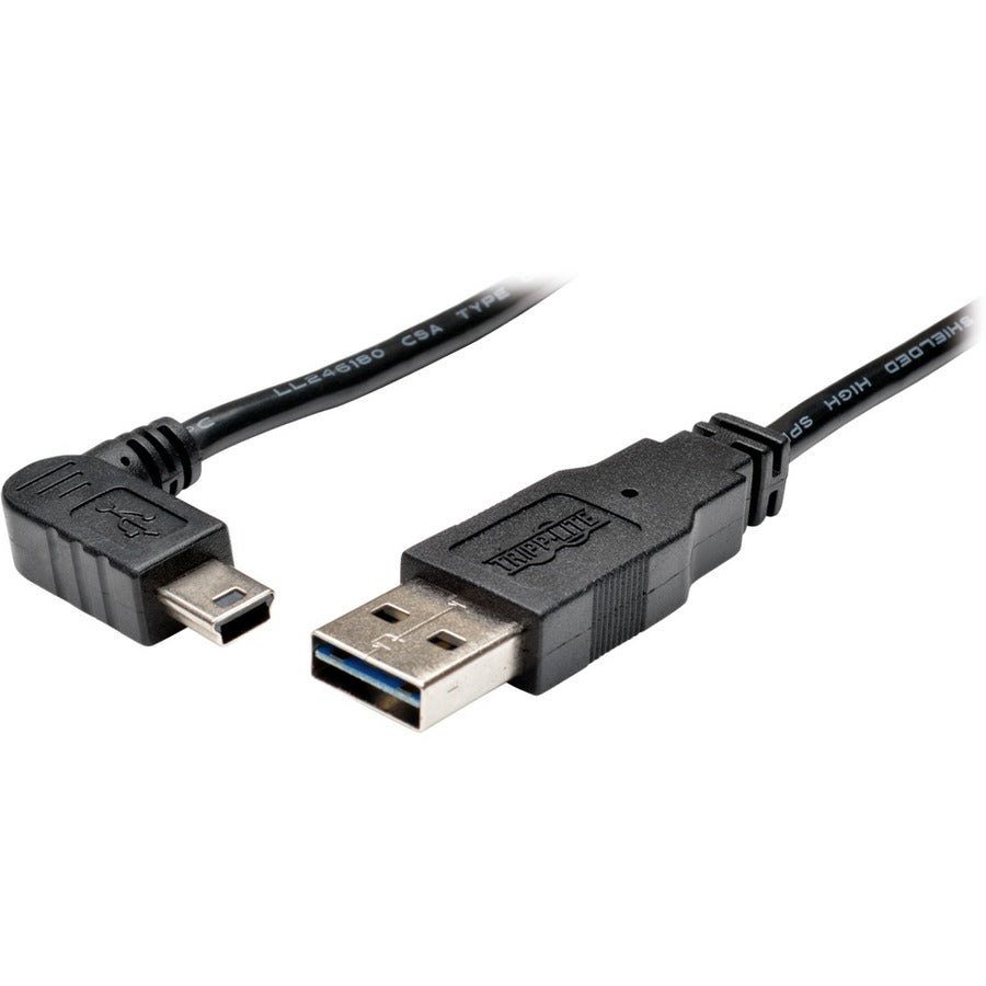 Tripp Lite 3ft USB 2.0 High Speed Cable Reversible A to Right Angle 5Pin Mini B M/M - USB for Camera, PDA, Cellular Phone - 3 ft - 1 x Type A Male USB - 1 x Type B Male Mini USB - Nickel Plated, Gold-...  - UR030-003-RAB - eCommerce Business Prime