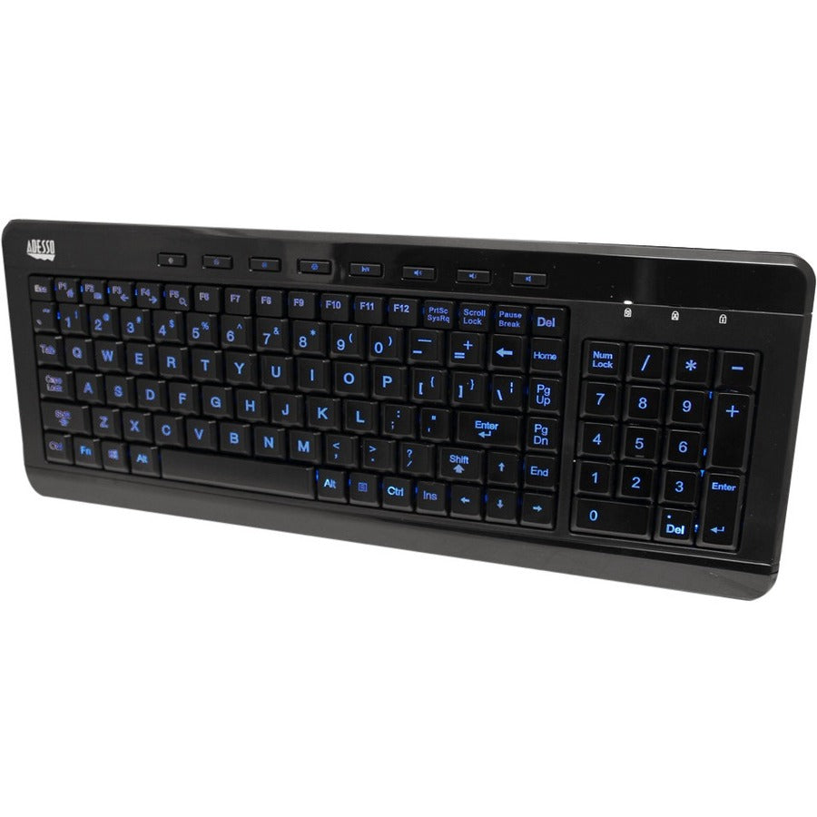 Adesso 3-Color Illuminated Compact Multimedia Keyboard - Cable Connectivity - USB Interface Backlight On/Off, Play/Pause, Mute, Volume Down, Volume Up, Illumination Key, Adjustable Brightness, Windows...  - AKB-120EB - eCommerce Business Prime