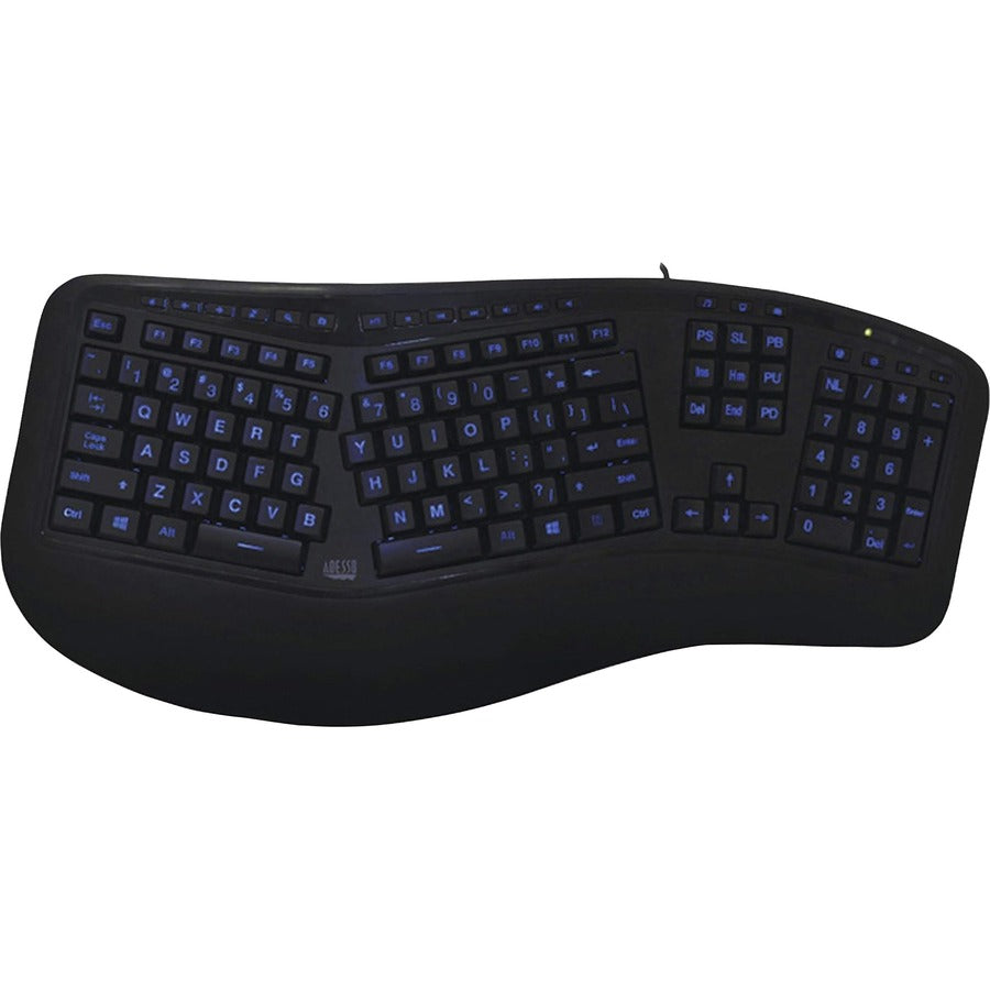 Adesso Color Illuminated Ergonomic Keyboard - Cable Connectivity - USB Interface - 105 Key Media Player, Internet, Multimedia, Play/Pause, Stop, Previous Track, Next Track, Volume Down, Volume Up, Mut...  - AKB-150EB - eCommerce Business Prime