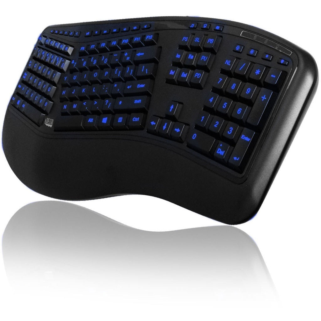 Adesso Color Illuminated Ergonomic Keyboard - Cable Connectivity - USB Interface - 105 Key Media Player, Internet, Multimedia, Play/Pause, Stop, Previous Track, Next Track, Volume Down, Volume Up, Mut...  - AKB-150EB - eCommerce Business Prime