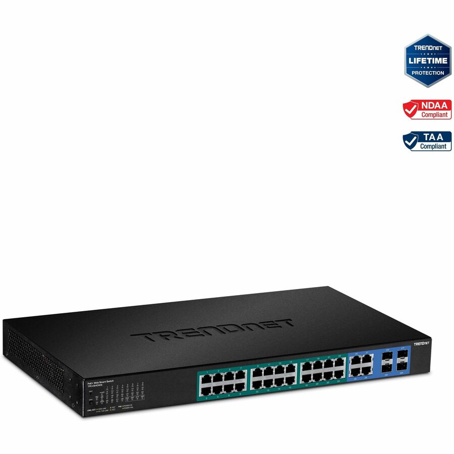 TRENDnet 28-Port Gigabit Web Smart PoE+ Switch, 24 x Gigabit Ports, 4 x Shared Gigabit Ports (RJ-45 or SFP), 185W PoE Budget, 56Gbps Switching Capacity, Lifetime Protection, Black, TPE-2840WS - 24-por...  - TPE-2840WS - eCommerce Business Prime