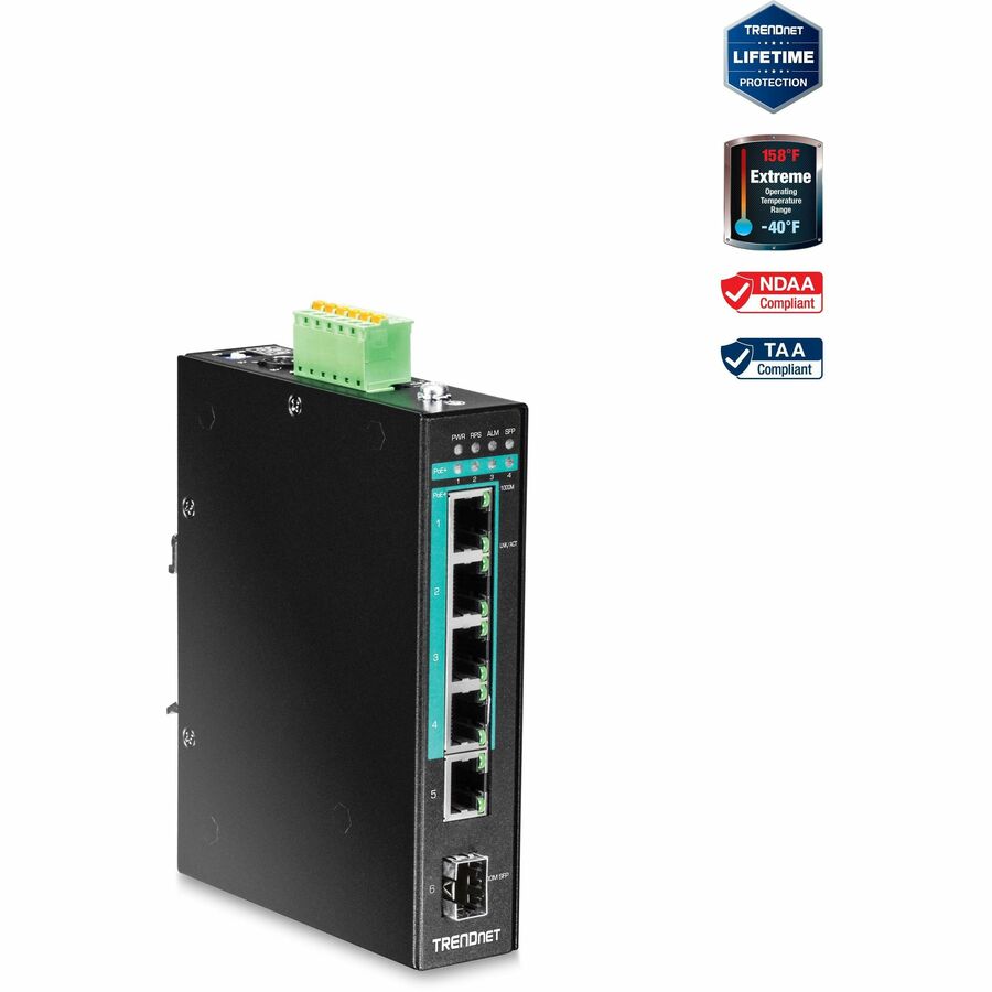 TRENDnet 5-Port Hardened Industrial Gigabit PoE+ DIN-Rail Switch, 120W Power Budget, 1 x SFP Slot, IP30 Rated, Unmanaged Switch, Gigabit PoE+ Network Switch, Lifetime Protection, Black, TI-PG541 - 5-p...  - TI-PG541 - eCommerce Business Prime