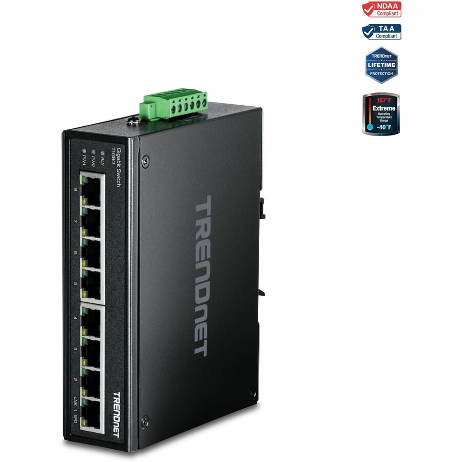 TRENDnet 8-Port Hardened Industrial Gigabit DIN-Rail Switch, 16 Gbps Switching Capacity, IP30 Rated Metal Housing (-40 to 167 ?F), DIN-Rail & Wall Mounts Included, Lifetime Protection, Black, TI-G80 -...  - TI-G80 - eCommerce Business Prime