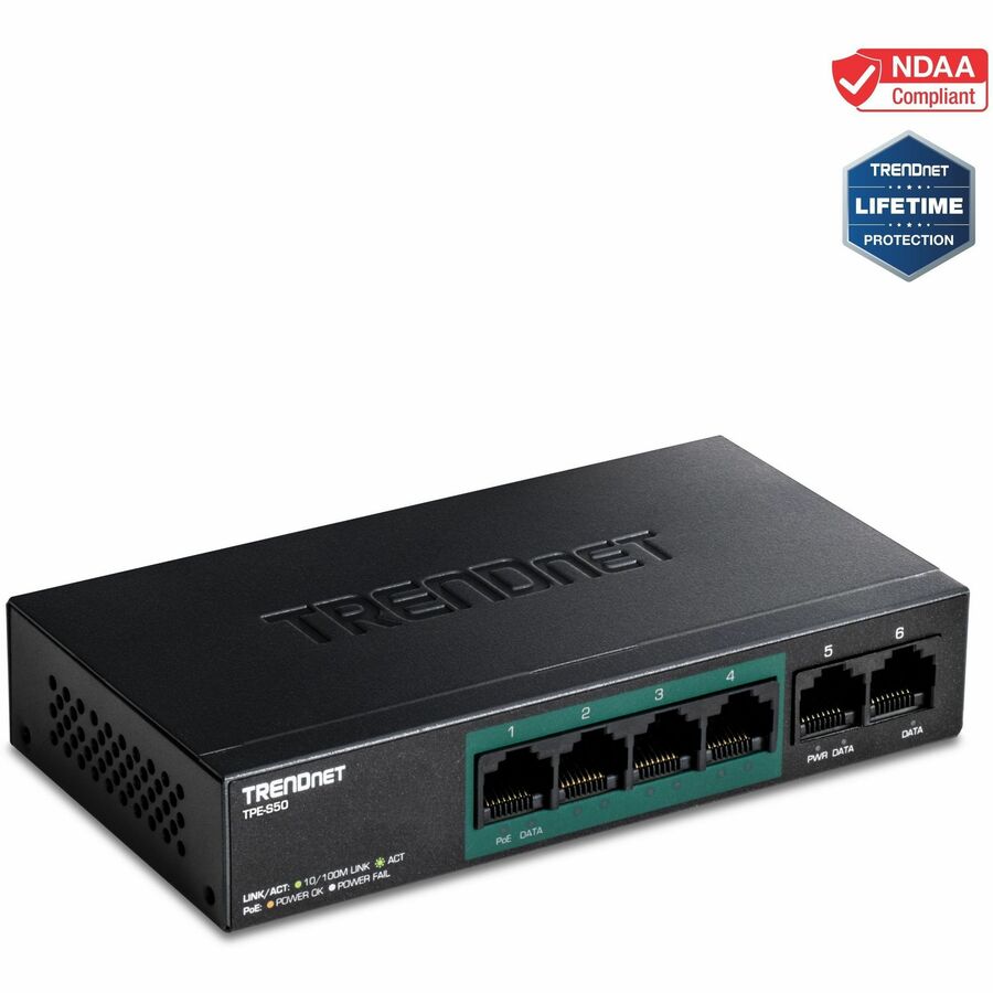 TRENDnet 6-Port Fast Ethernet PoE+ Switch, 4 x Fast Ethernet PoE Ports, 2 x Fast Ethernet Ports, 60W PoE Budget, 1.2 Gbps Switch Capacity, Metal, Lifetime Protection, Black, TPE-S50 - 6-Port Fast Ethe - TPE-S50 - eCommerce Business Prime