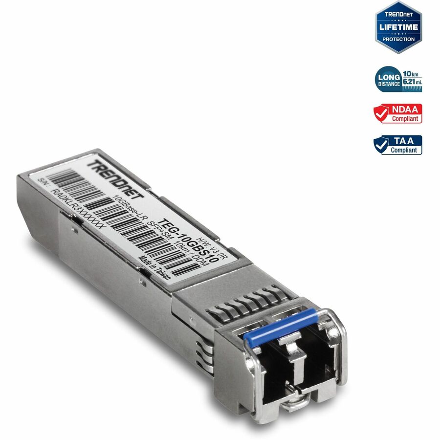 TRENDnet SFP to RJ45 10GBASE-LR SFP+ Single Mode LC Module; TEG-10GBS10; Up to 10 km (6.2 Miles); Hot Pluggable SFP Transceiver; Duplex LC Connector; 1310nm; 3.3V Power Supply; Lifetime Protection - 1 - TEG-10GBS10 - eCommerce Business Prime
