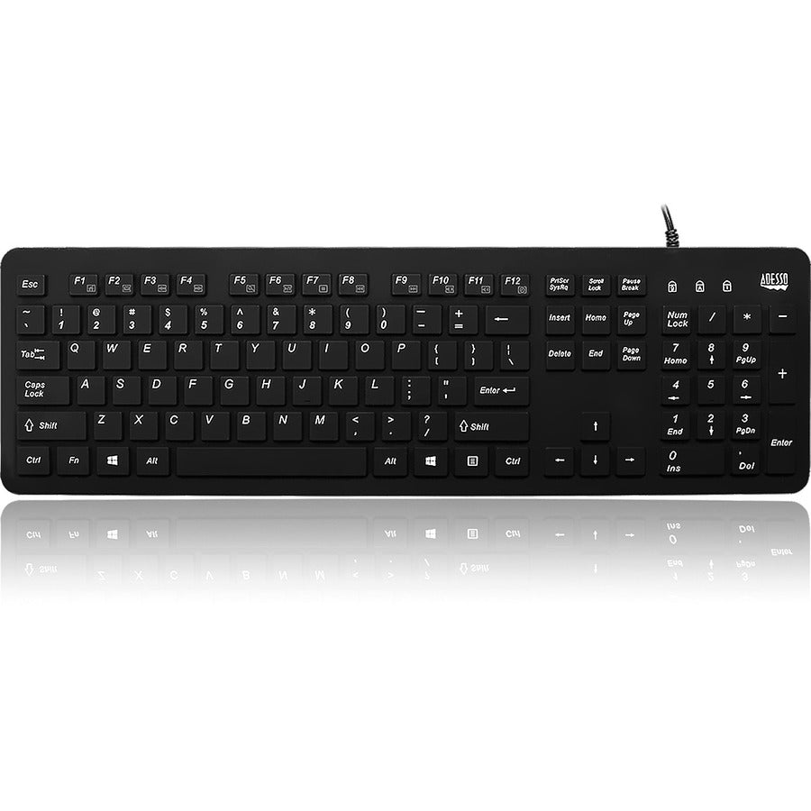 Adesso Antimicrobial Waterproof Desktop Keyboard - Cable Connectivity - USB Interface - 104 Key - English (US) - QWERTY Layout - Computer, MAC - TouchPad - PC, Windows, Mac OS - Membrane Keyswitch - Black ADESSO