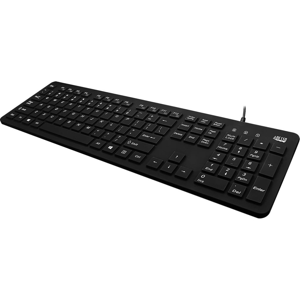 Adesso Antimicrobial Waterproof Desktop Keyboard - Cable Connectivity - USB Interface - 104 Key - English (US) - QWERTY Layout - Computer, MAC - TouchPad - PC, Windows, Mac OS - Membrane Keyswitch - Black ADESSO