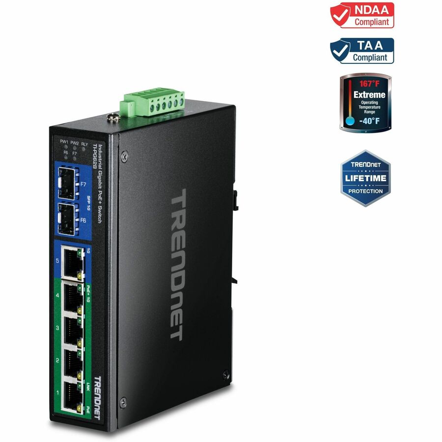 TRENDnet 6-Port Industrial Gigabit PoE+ DIN-Rail Switch; 12-56V; Alarm Relay; 2 Dedicated SFP Slots; IP30 Rated Housing; Lifetime Protection; TI-PG62B - 6-Port Industrial Gigabit PoE+ DIN-Rail Switch;...  - TI-PG62B - eCommerce Business Prime
