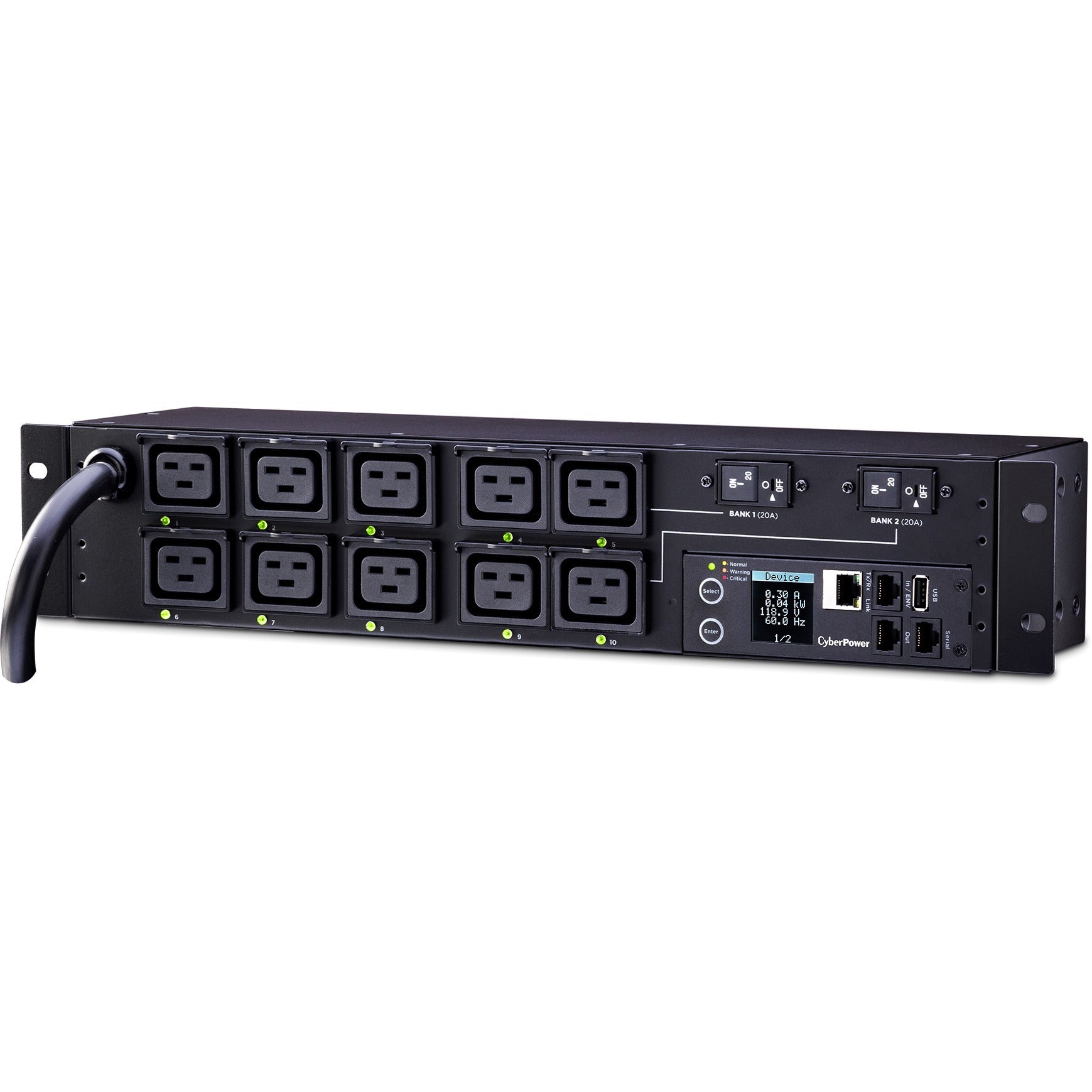 CyberPower PDU81009 200 - 240 VAC 30A Switched Metered-by-Outlet PDU - 10 Outlets, 12 ft, NEMA L6-30P, Horizontal, 2U, LCD, 3YR Warranty - PDU81009 - eCommerce Business Prime