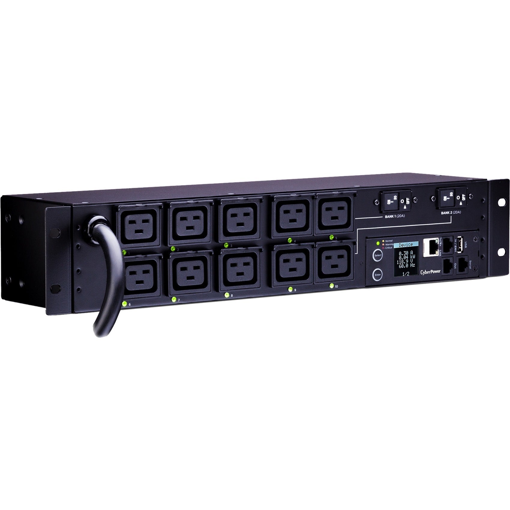 CyberPower PDU81009 200 - 240 VAC 30A Switched Metered-by-Outlet PDU - 10 Outlets, 12 ft, NEMA L6-30P, Horizontal, 2U, LCD, 3YR Warranty - PDU81009 - eCommerce Business Prime