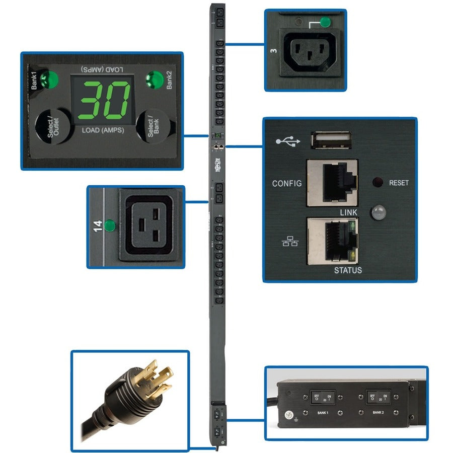 Tripp Lite PDU Switched 208V / 240V 30A 4 C19; 20 C13 LX Platform Vertical 0URM TAA - NEMA L6-30P - 20 x IEC 60320 C13, 4 x IEC 60320 C19 - 230 V - 5.80 kVA - 0U - Vertical Rackmount - TAA Compliant - PDUMVR30HVNETLX - eCommerce Business Prime