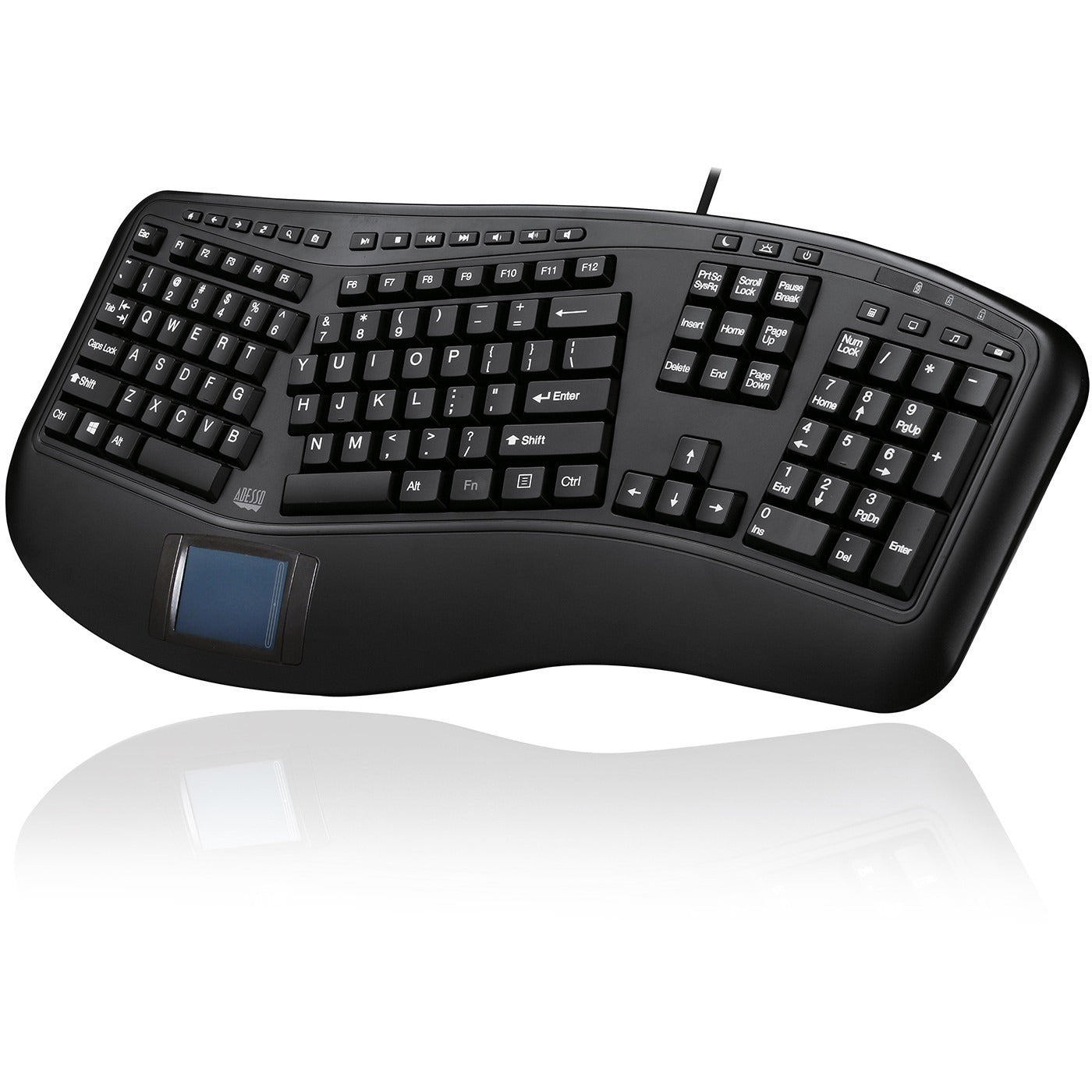 Adesso Tru-Form Ergonomic Touchpad Keyboard - Cable Connectivity - USB Interface - 104 Key Play/Pause, Previous Track, Next Track, Volume Down, Volume Up, Mute, Eject, Home, Back, Forward, Refresh, .....  - AKB-450UB - eCommerce Business Prime