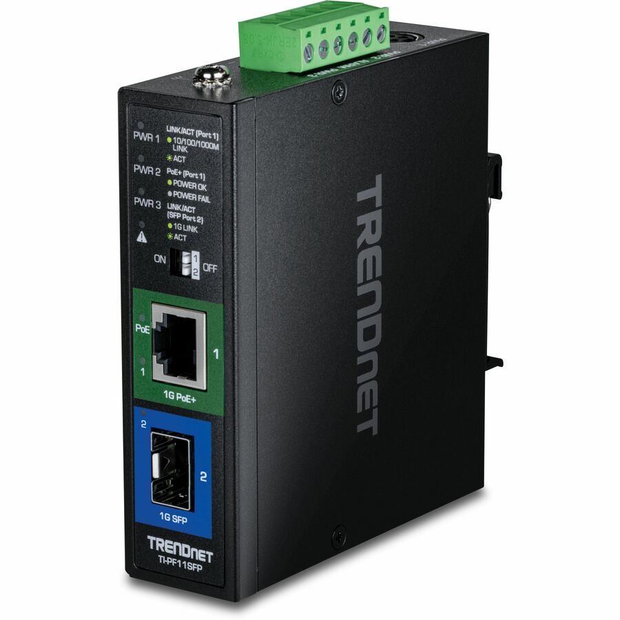 TRENDnet Industrial SFP to Gigabit PoE+ Media Converter; IP30 Rated Housing; Operating temperature range -40?? 75 ?C to (-40? ? 167 ?F); TI-PF11SFP - Hardened Industrial SFP to Gigabit PoE+ Media Conv...  - TI-PF11SFP - eCommerce Business Prime