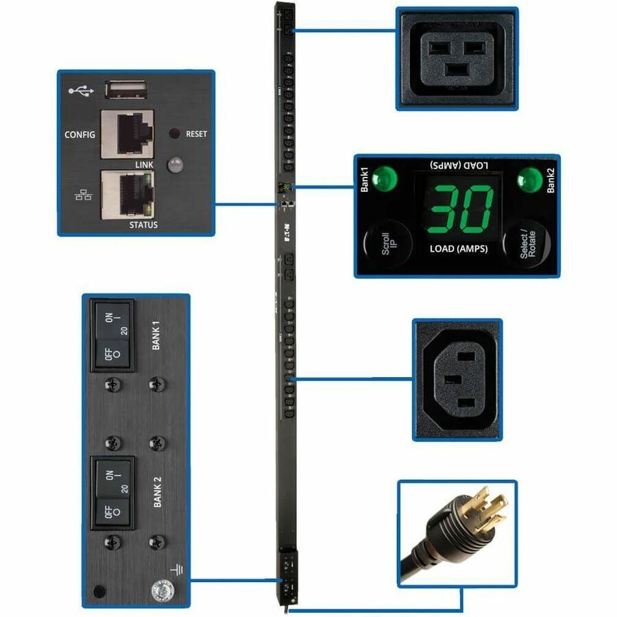 Tripp Lite PDU Switched 5/5.8kW 208/240V, 20 C13 4 C19, LX Platform Interface, 0URM Rackmount Vertical TAA - Switched - NEMA L6-30P - 4 x IEC 60320 C19, 20 x IEC 60320 C13 - 230 V AC - 5800 VA - 0U -  - PDUMV30HVNETLX