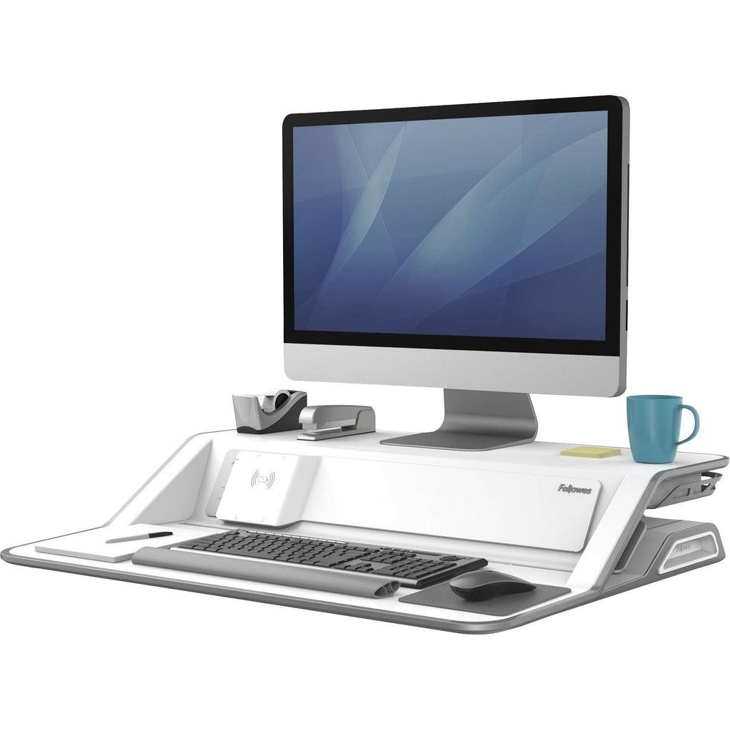 Fellowes Lotus&trade; DX Sit-Stand Workstation - White - 35 lb Load Capacity - 5.5" Height x 32.8" Width x 24.3" Depth - White - 8080201 - eCommerce Business Prime