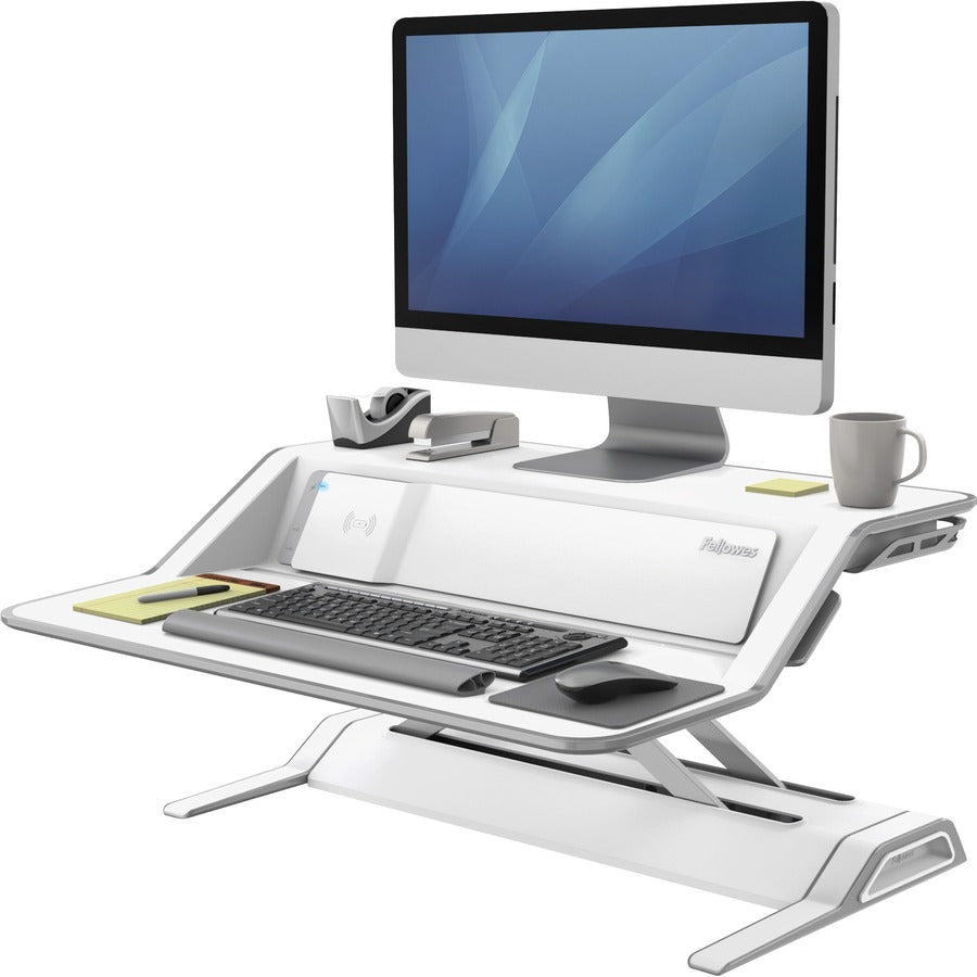 Fellowes Lotus&trade; DX Sit-Stand Workstation - White - 35 lb Load Capacity - 5.5" Height x 32.8" Width x 24.3" Depth - White - 8080201 - eCommerce Business Prime
