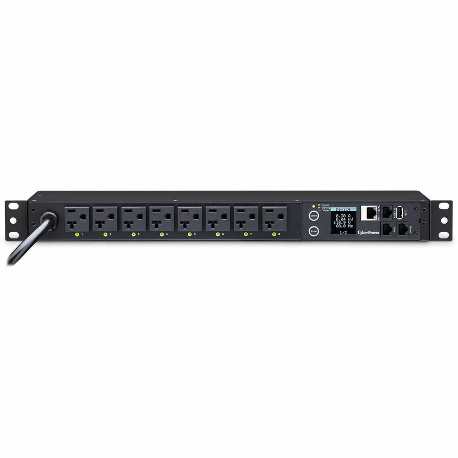 CyberPower PDU41002 Single Phase 100 - 120 VAC 20A Switched PDU - 8 Outlets, 12 ft, NEMA L5-20P (5-20P Adapter), Horizontal, 1U, SNMP, LCD, 3YR Warranty - PDU41002 - eCommerce Business Prime